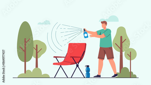 Man Spraying Repellent on Camping Chair Outdoors in Flat Vector Style