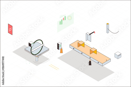 Art installation at a modern gallery showcasing abstract shapes and figures during daylight hours