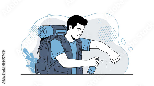 Man Sprays Insect Repellent While Hiking Outdoor Adventure Preparation