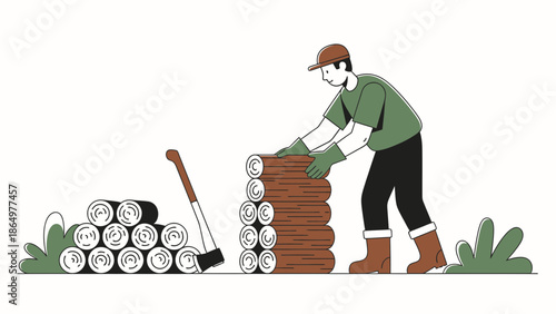 Man Stacking Cut Wood Logs with Axe Illustration Vector Design