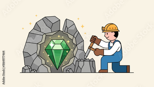 Miner Discovering A Large Emerald Gem In A Rocky Cave Illustration