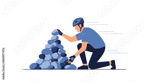 Man Stacking Rocks Creating A Cairn Symbolizing Challenge Adventure And Balance