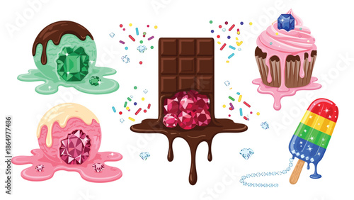 Whimsical collection of melting desserts including ice cream, chocolate, and a cupcake, adorned with colorful gems and sprinkles.
