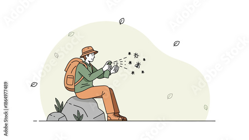 Man Spraying Insect Repellent to Ward Off Mosquitoes While Sitting on a Rock