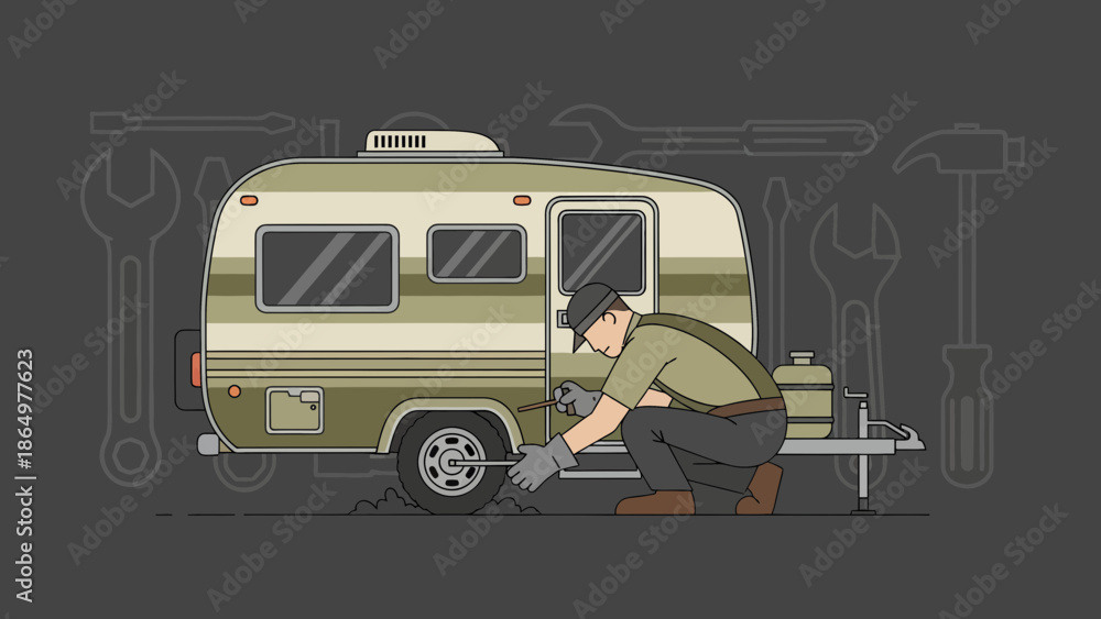 Obraz premium Mobile Home Repairman Fixing A Tire At Campsite Surrounded By Tools