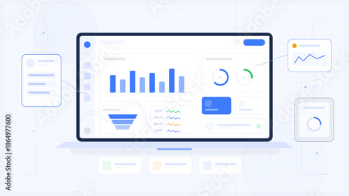 Data analysis interface displayed on a laptop screen showing charts and metrics for a digital platform