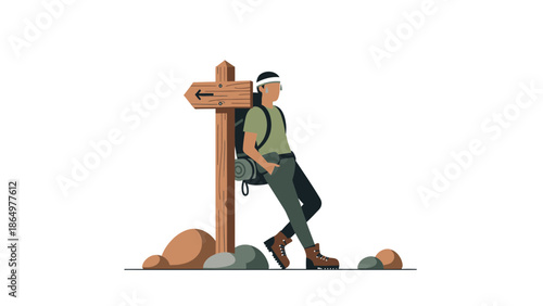 Man Taking A Break From Hiking Leaning On A Wooden Direction Signpost