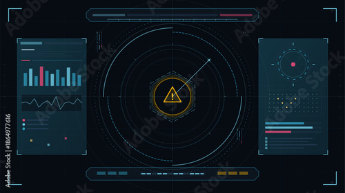 Data visualization display showing alert signals and analytics for system monitoring and analysis in a digital environment