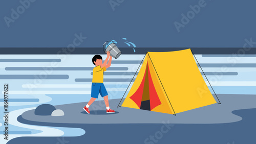 Mischievous Camping Antics Youngster Splashing Water Around A Bright Yellow Tent