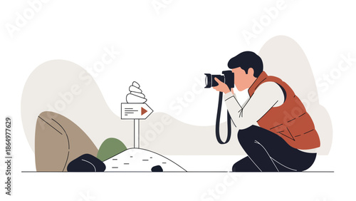 Man Taking Pictures of a Landscape with Rocks and a Directional Arrow Sign