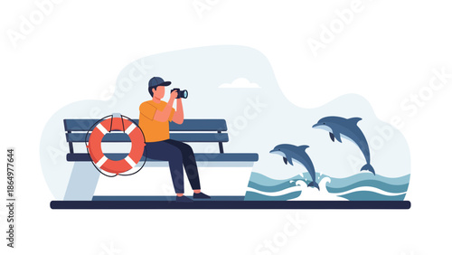 Man Taking Photos Of Dolphins From Dock With Life Preserver Ring