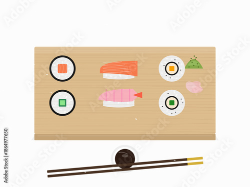 Sushi on a wooden serving board with chopsticks ready for eating at a dining table