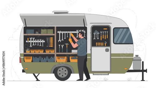 Mobile Repair Shop In A Caravan With Mechanic Maintenance Work
