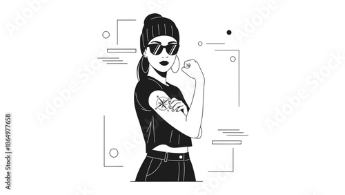Modern Art Depicting Powerful Woman With Sunglasses And Tattoo In Minimal Style