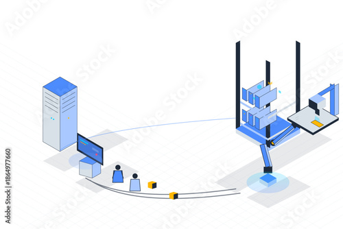 People observe automated machine in factory setting during work hours with various devices and storage units around