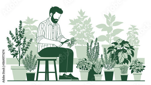 Man Tending To His Indoor Herb Garden By Clipping Leaves From Basil