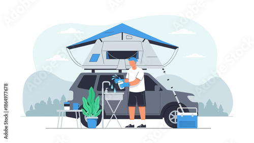 Modern Car Camping Setup With Roof Tent And Outdoor Amenities For Adventure