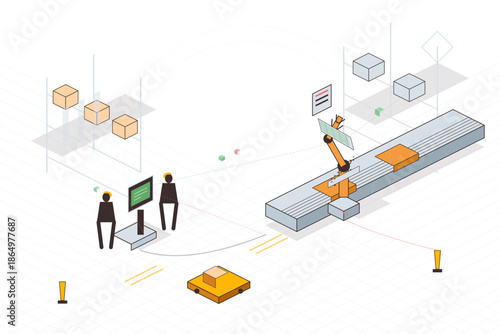 Workers observe robotic arm picking packages at a distribution center in a busy warehouse environment during the daytime
