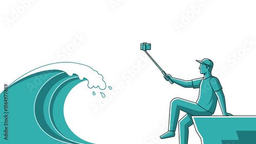 Man Taking Selfie With Impending Wave Ignoring Nature's Force Illustration