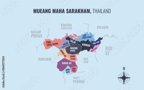 Map showing Mueang Maha Sarakham District Maha Sarakham Thailand divided into sub districts with minimalist colorful patterns