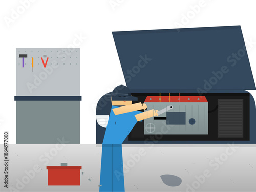 Worker repairs machine in workshop during day while tools and equipment are organized nearby