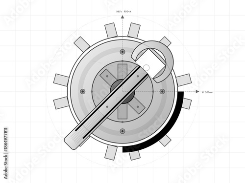 Engineering tool layout shows a wrench above a circular gear design with precise measurements and details around the center