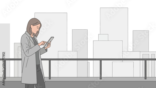 Modern Woman Connecting With Tablet On City Balcony At Day In Flat Design