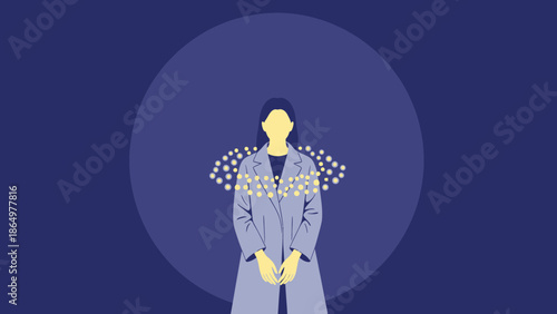 Modern Woman Silhouette With Light Orbs Against Bold Backdrop Design