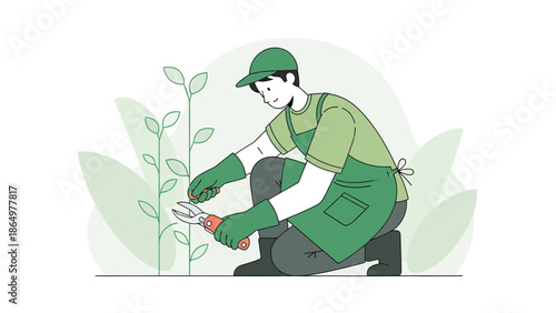 Man Trimming Plants With Pruning Shears In Garden For A Fresh Look