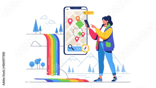 Modern Woman Using Navigation App For Outdoor Adventure Travel Vacation Planning