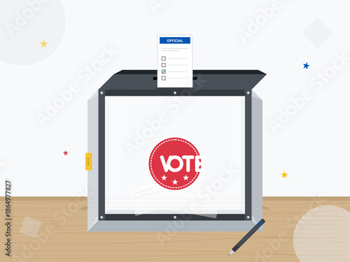 Voting box with marked ballot on a table in a simple setting during election time