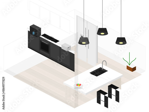 Modern kitchen design with open layout featuring dining space and sleek appliances in a contemporary style