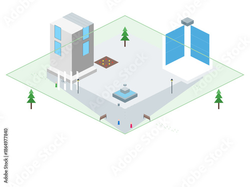 City park with modern buildings, benches, and a central fountain located in a busy urban area during daylight hours