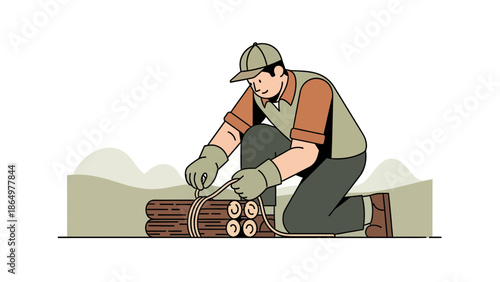 Man Tying Up Pile Of Wood Illustration With Countryside Background Scene