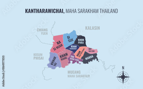 Map showing Kantharawichai District Maha Sarakham Thailand divided into sub districts with minimalist colorful patterns