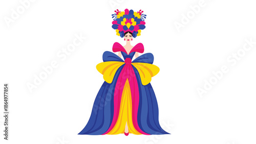 Fashion illustration of a woman in a dramatic, colorful gown adorned with large bows and a vibrant floral headpiece, showcasing elegance.