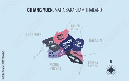 Map showing Chiang Yuen District Maha Sarakham Thailand divided into sub districts with minimalist colorful patterns