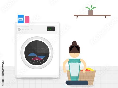 Washing clothes at home with a washing machine and a basket during the day in a clean laundry room
