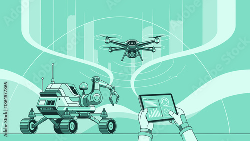 Monitoring Robotic Exploration With Drone And Tablet Technology In Teal Futuristic Setting