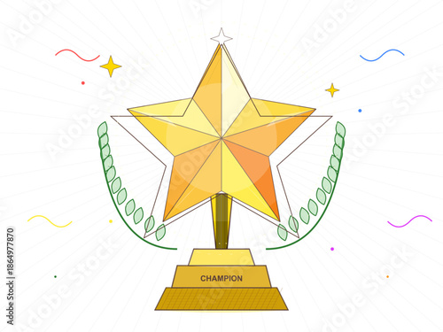 Star trophy with champion label on wooden base surrounded by colorful decorations and bright background