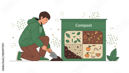 Man Using Compost Bin For Recycling Organic Waste And Soil Enrichment