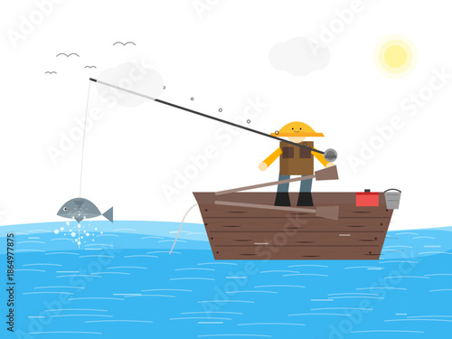 Fisherman on a boat catches a fish in the ocean under a sunny sky in a playful illustration