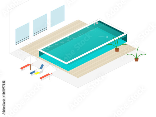Indoor swimming pool with deck chairs and plants in a spacious room with large windows