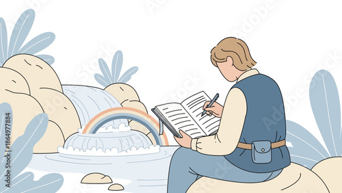 Moment Of Reflection Near Waterfall With Rainbow In Nature Landscape Illustration