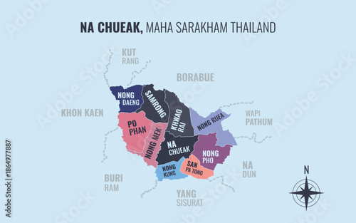 Map showing Na Chueak District Maha Sarakham Thailand divided into sub districts with minimalist colorful patterns