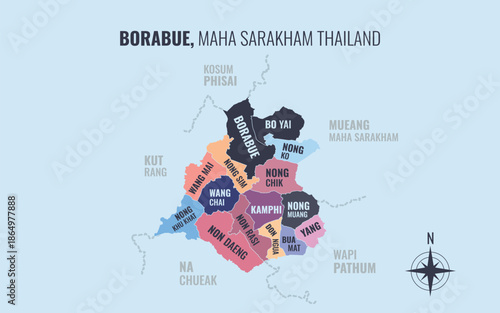Map showing Borabue District Maha Sarakham Thailand divided into sub districts with minimalist colorful patterns