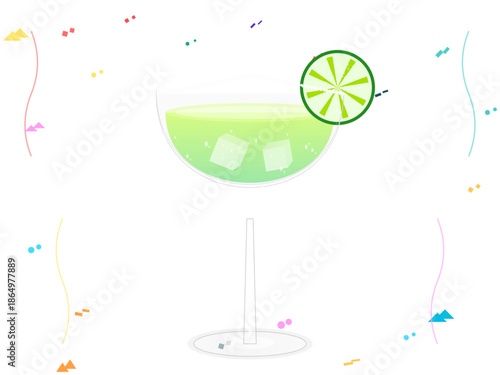 Colorful drink with lime slice and ice cubes on a white background during a celebration