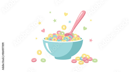 Bowl of pastel colorful cereal with a spoon, surrounded by whimsical hearts and stars, perfect for a fun and cheerful breakfast.