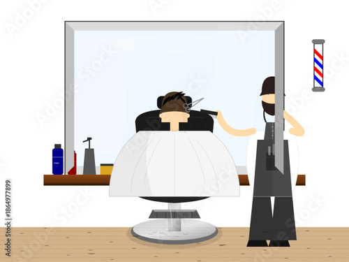 Barber cuts hair in shop with client sitting in chair during daytime