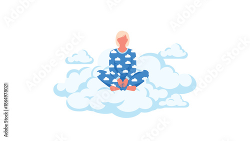 Woman in blue cloud-patterned pajamas sitting peacefully cross-legged on a large fluffy cloud, symbolizing dreams and tranquility.